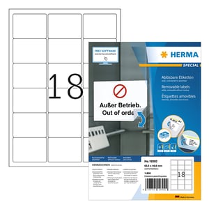 Herma 10302 verwijderbare etiketten / A4 / 63,5 x 46,6 mm / wit / 1800 etiketten