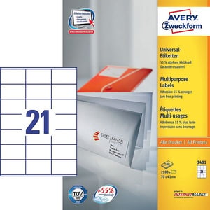 Avery Zweckform 3481 universele etiketten / wit / zelfklevend / 70 mm x 41 mm / 2100 etiketten