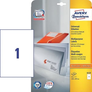 Avery Zweckform 6119 universele etiketten / wit / zelfklevend / 210 mm x 297 mm / 25 etiketten