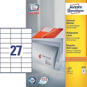 Avery Zweckform 3479 universele etiketten / wit / zelfklevend / 70 mm x 32 mm / 2700 etiketten