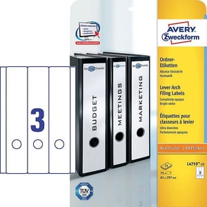 Avery Zweckform L4759-25 printbare rugetiketten / wit / zelfklevend / breed / 61 mm x 297 mm / 75 etiketten