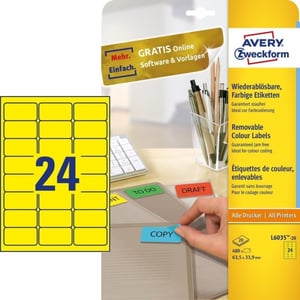Avery Zweckform L6035-20 universele etiketten / geel / 63,5 mm x 33,9 mm / 480 etiketten