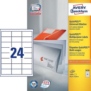 Avery Zweckform 3658 universele etiketten / wit / zelfklevend / 64,6 mm x 33,8 mm / 2400 etiketten