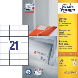 Avery Zweckform 3652-200 universele etiketten / wit / zelfklevend / 70 mm x 42,3 mm / 4200 etiketten
