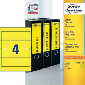 Avery Zweckform L4769-100 printbare rugetiketten / geel / zelfklevend / breed / 61 mm x 192 mm / 400 etiketten