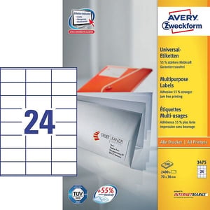 Avery Zweckform 3475 universele etiketten / wit / zelfklevend / 70 mm x 36 mm / 2400 etiketten