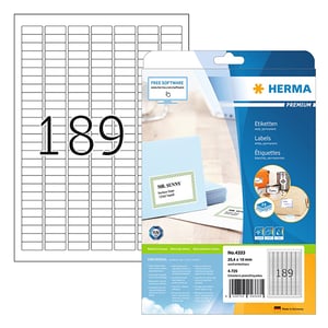 Herma Premium 4333 permanent hechtende etiketten / A4 / 25,4 x 10 mm / wit / 4.725 etiketten