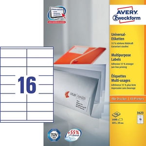 Avery Zweckform 3423 universele etiketten / wit / zelfklevend / 105 mm x 35 mm / 1600 etiketten
