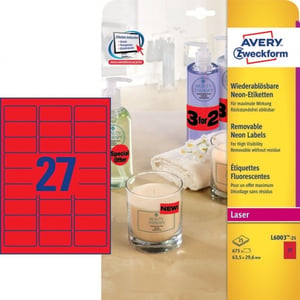 Avery Zweckform L6003-25 etiketten / neon rood / 63,5 mm x 29,6 mm / 675 etiketten