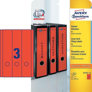 Avery Zweckform L4752-20 printbare rugetiketten / rood / zelfklevend / breed / 61 mm x 297 mm / 60 etiketten