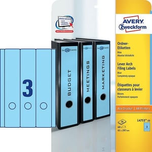 Avery Zweckform L4753-20 printbare rugetiketten / blauw / zelfklevend / breed / 61 mm x 297 mm / 60 etiketten
