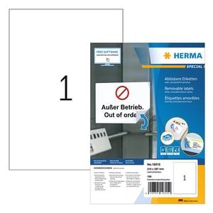 Herma 10315 verwijderbare etiketten / A4 / 210 x 297 mm / wit / 100 etiketten