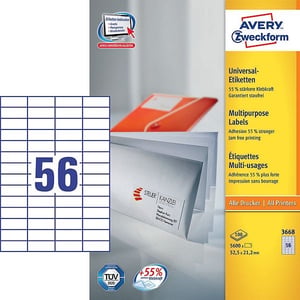Avery Zweckform 3668 universele etiketten / wit / zelfklevend / 52,5 mm x 21,2 mm / 5600 etiketten