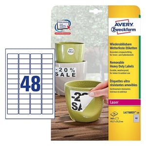 Avery Zweckform L4778REV-20 weerbestendige etiketten / afneembaar / 45,7 mm x 21,2 mm / 960 etiketten