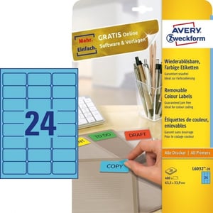 Avery Zweckform L6032-20 universele etiketten / blauw / 63,5 mm x 33,9 mm / 480 etiketten