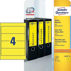 Avery Zweckform L4769-20 printbare rugetiketten / geel / zelfklevend / breed / 61 mm x 192 mm / 80 etiketten